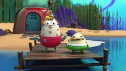 Elwood looking out at the lake with Mrs. Puff.