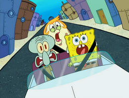 Squidward and SpongeBob in one of the testing boats.