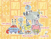 In Stephen Hillenburg's first sketch of the main cast, Sandy sits on top of Pearl's head.