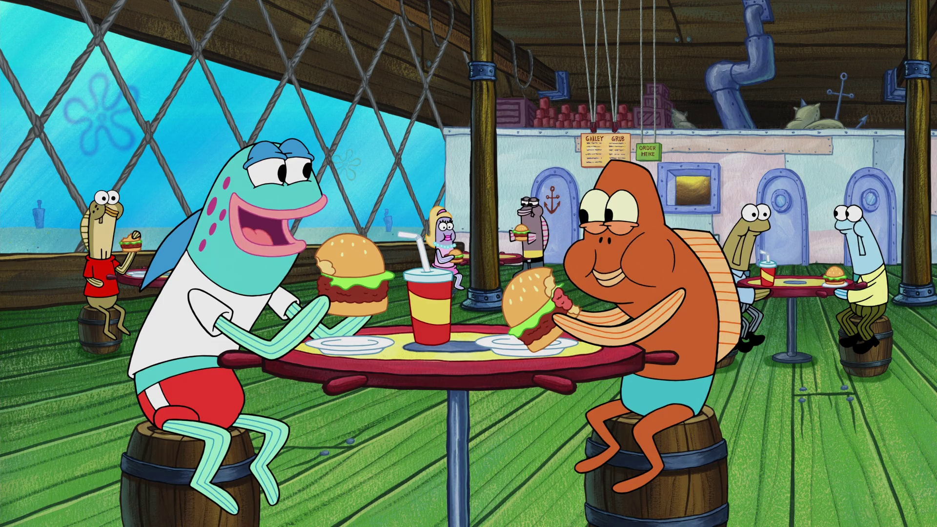 reactions on X: sad spongebob fish sitting at krusty krab table