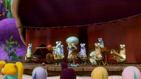 Squidward interrupts the performance.