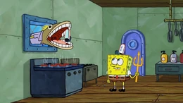 Incidental 6 eating Squidward's Krusty Krab employee hat, but Squidward still appears with the same hat in later scenes.