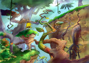 Concept art with SpongeBob in a forest.