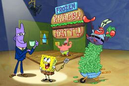 Press art, featuring from left to right: Don Grouper, SpongeBob, Patrick, and Mr. Krabs.