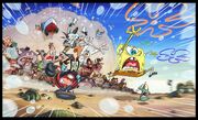 Concept art of SpongeBob and Plankton, being chased in a post-apocalyptic Bikini Bottom.