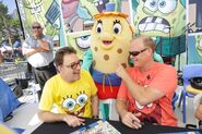 Mrs. Puff mascot with Tom Kenny and Bill Fagerbakke