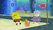 SpongeBob struggling to lift Incidental 82's groceries.