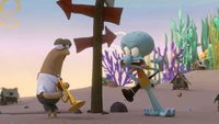 Squidward confronts the Anchoveille player.