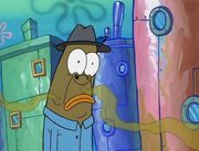 The man inc hat smelling SpongeBob's rancid breath.