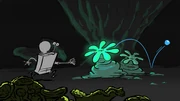 SpongeBob chasing the ball through a forest of luminescent anemones and corals