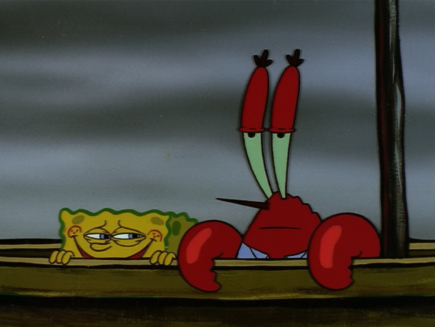 reactions on X: sad spongebob fish sitting at krusty krab table