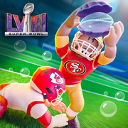 Super NFL Tycoon icon used during the Super Bowl event featuring a rugby player with a bubble football inside a clam's mouth.