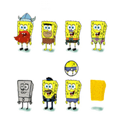 Concept art with four unused costumes for SpongeBob. (Viking, Patrick's clothes swap, DoodleBob, and Thug Tug)