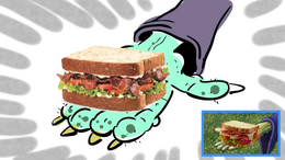 The animatic shot of the full-colored Sand witch's hand and the real-life desert sandwich.