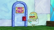 Old Man Walker trying to use the pay toilet.