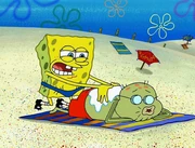 SpongeBob rubbing sunscreen onto Old Man Walker's back.