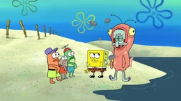 The episode reference about Squidward's salmon suit in "Friendiversary