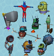 Models of the characters, including the deleted Pearl, Man Ray, and Salesfish.