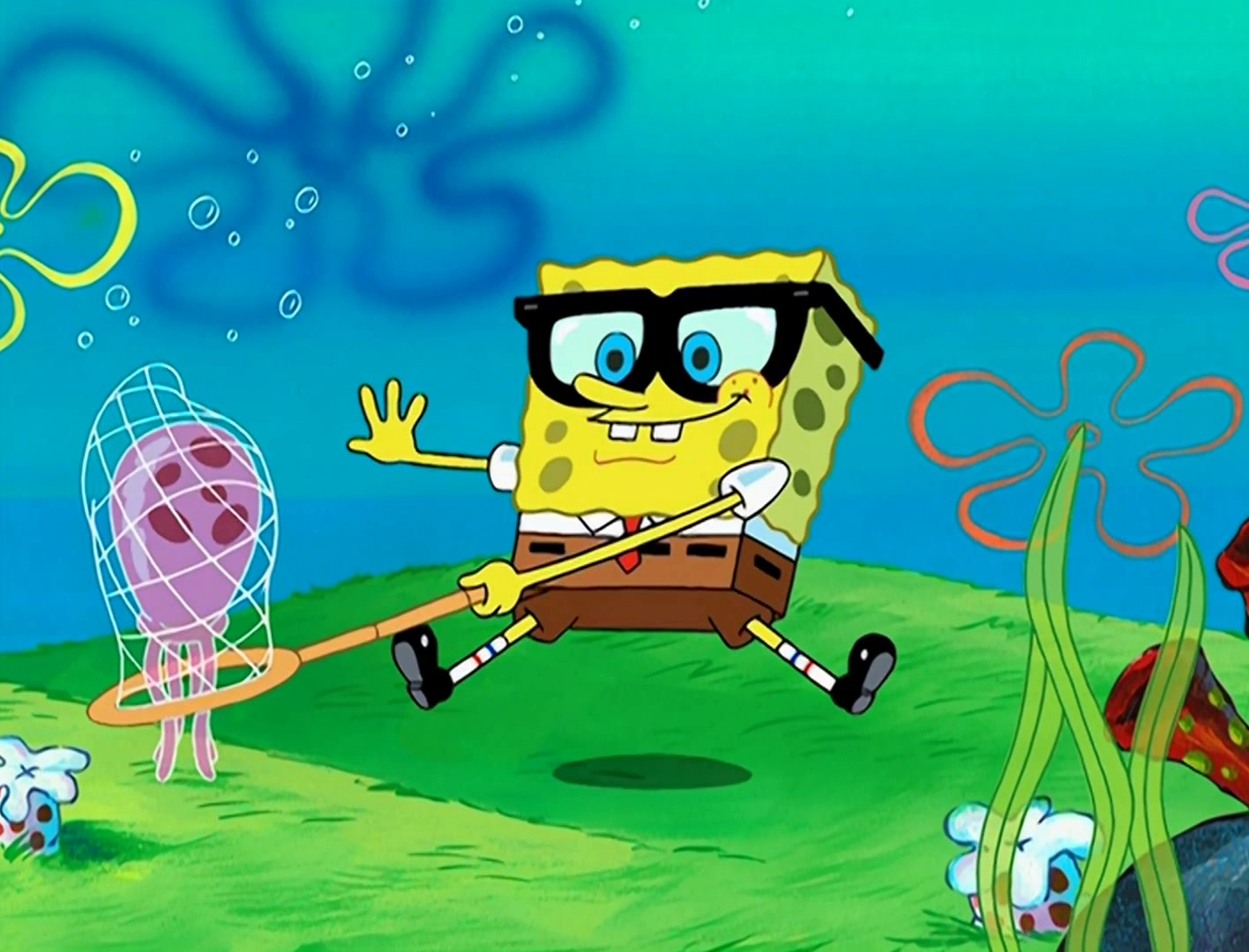 Free: Spongebob, Garry Spongebob Chasing Jellyfish - Transparent