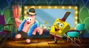 Concept art of a deleted scene with SpongeBob and Patrick, dressing up in the backstage of Poseidon's Palace.