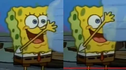 SpongeBob without teeth for two frames. His eyelashes are also missing.