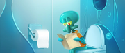 Squidward on the toilet of Bubbles' spaceship.