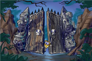 Concept art of SpongeBob peeking behind a gate.