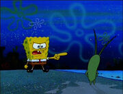 SpongeBob is highly suspicious of Plankton