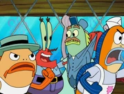 Mr. Krabs holding Mr. Mailman.