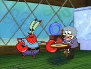 Mr. Krabs serving a chewed up Krabby Patty to Incidental 82.