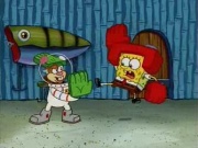 SpongeBob and Sandy practicing karate