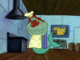 King Neptune working at the Krusty Krab.