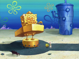 SpongeBob sees his ancestor's statue.