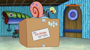 Delivery box with SpongeBob's name on it from "Chatterbox Gary"