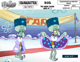 Squidward wearing Russian winter clothes.
