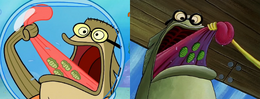 Left is the scene from this episode and right is the original scene from "Pickles." Also, notice how Bubble Bass's tongue is lighter in "Hiccup Plague