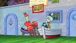 Mr. Krabs selling Sandy's barbecue nuts in "Hot Crossed Nuts