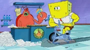 A now-overweight Larry talking to a muscular SpongeBob.
