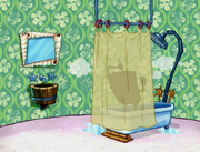 SpongeBob wearing pants in the shower.