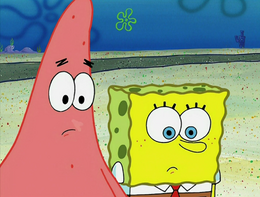 SpongeBob's front pores are missing and there is a bright, hastily-colored spot near Patrick's mouth.