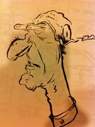 Drawing of a "bug-eyed aviator" on the back of Sweet and Sour Squid's storyboards.