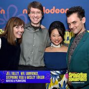 From left to right: the voices of Karen () and Plankton () with the actors who play their characters in  (Stephanie Hsu as Karen and Wesley Taylor as Plankton).