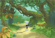 Concept art of Danny, in the middle of a forest while being watched by masked tribesmen.