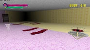 A pink and yellow room, filled with red "worms".