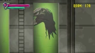 A raptor's head in a tank.