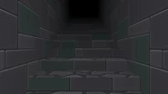 The player walking up the stairs in the Joke Ending