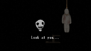 Unknown Specimen 1's death screen. The player's system name is written on the corpse.