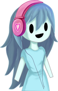 Spooky wearing pink headphones featuring a heart motif.