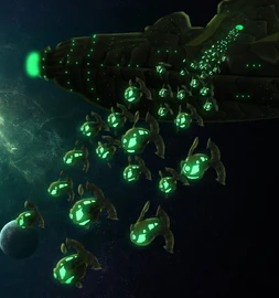 A Krassio Cruiser launches a host of its Whisp-class drones by the Valader