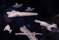 The Sword of Peace holds position between the Imperial Star Destroyers and the Confederate frigates.